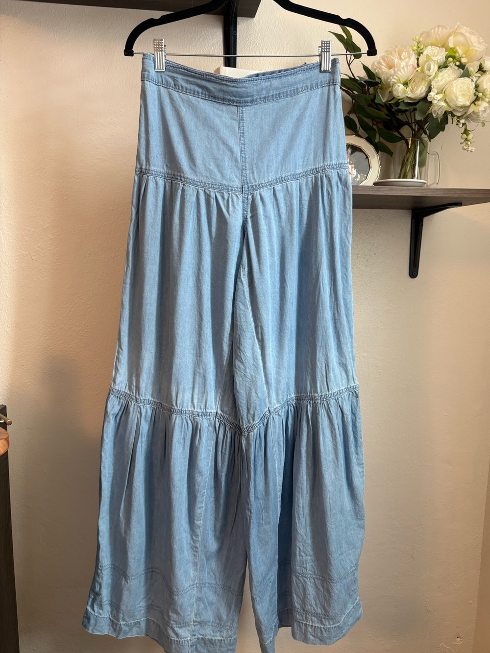 Sincerely Jules Blue Wide Leg Chambray Tiered Flowy Boho Pants Size S